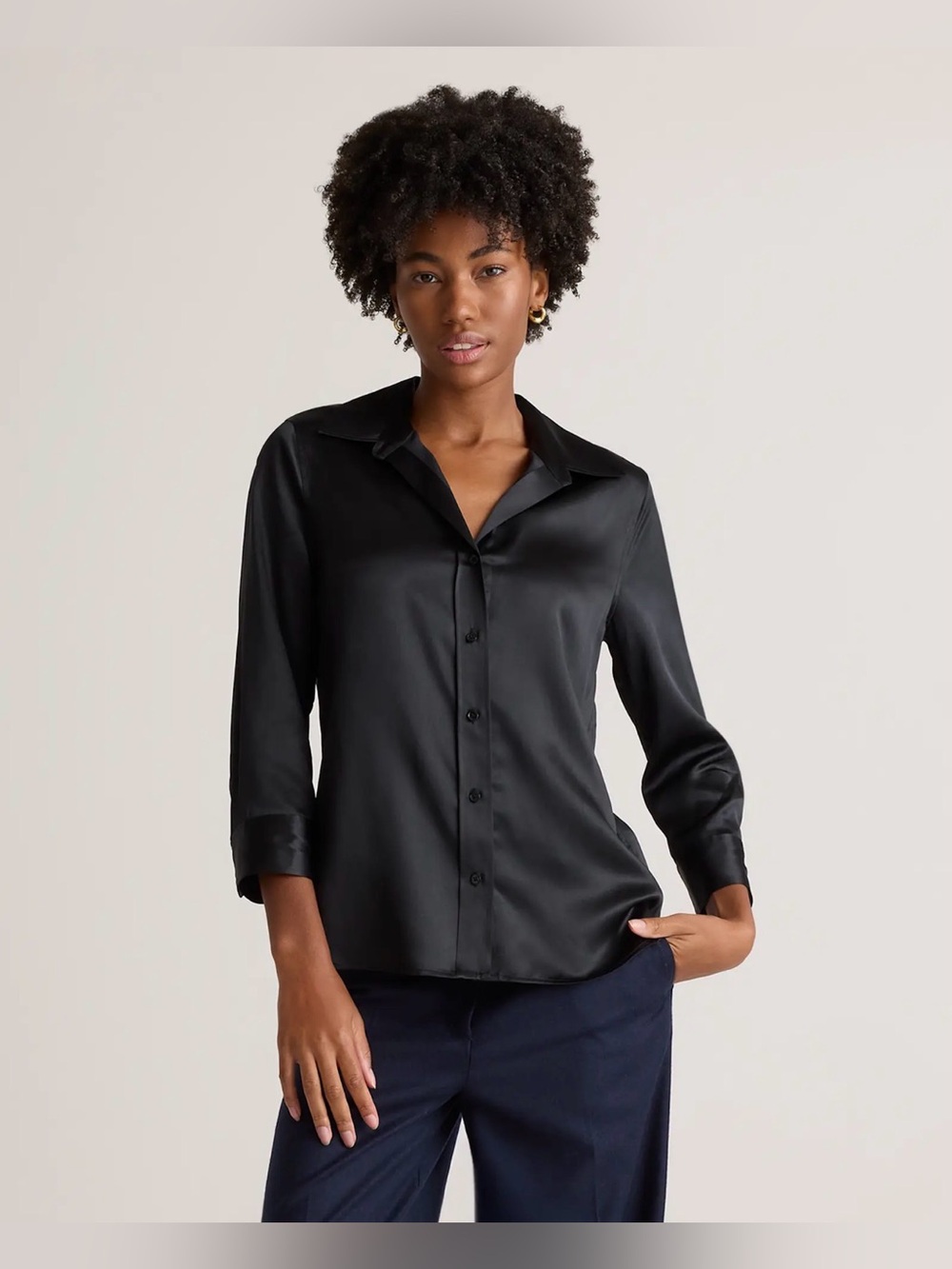 Quince 100% Washable Silk Three-Quarter Sleeve Button Front Blouse Black XL NWT
